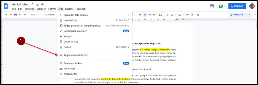 Menu Terjemahkan Dokumen Di Alat Google Docs