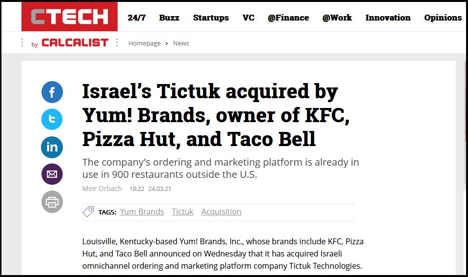 Israel’s Tictuk Acquired By Yum! Brands, Owner Of Kfc, Pizza Hut, And Taco Bell
